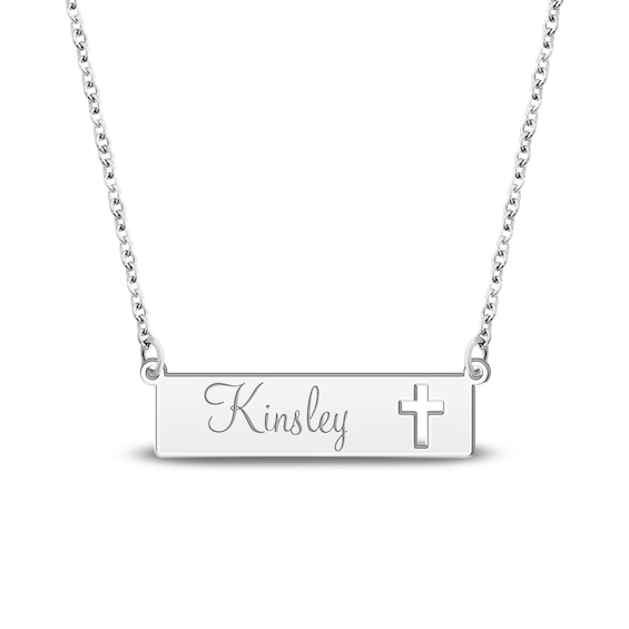 Engravable Name Bar Necklace with Cut-Out Cross 10K White Gold 18"
