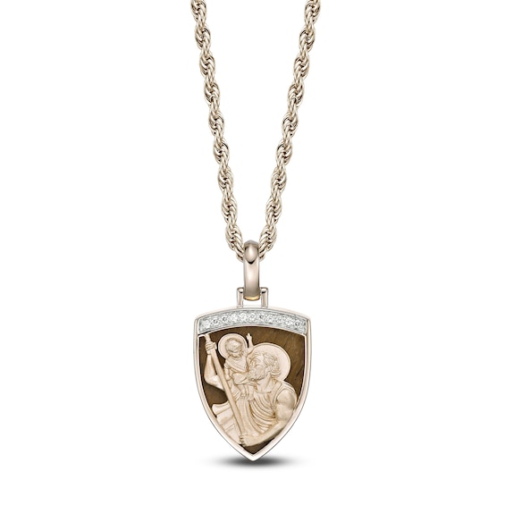 Men's Natural Tiger's Eye & Diamond Saint Christopher Shield Necklace 1/10 ct tw 14K Yellow Gold-Plated Sterling Silver 24"