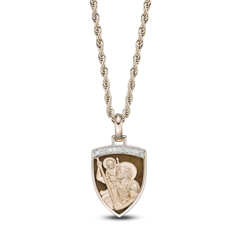 Main Image 1 of Men's Natural Tiger's Eye & Diamond Saint Christopher Shield Necklace 1/10 ct tw 14K Yellow Gold-Plated Sterling Silver 24"