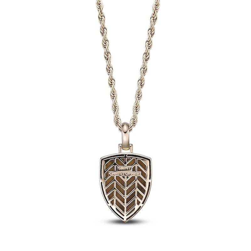 Main Image 3 of Men's Natural Tiger's Eye & Diamond Saint Christopher Shield Necklace 1/10 ct tw 14K Yellow Gold-Plated Sterling Silver 24"