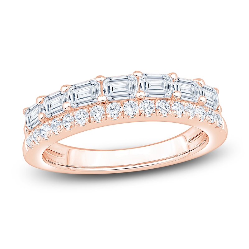 Main Image 1 of Certified Round & Emerald-Cut Diamond Two-Row Anniversary Ring 1-1/5 ct tw 14K Rose Gold