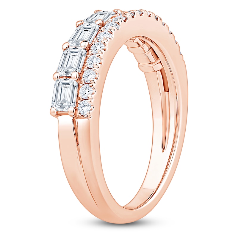 Main Image 2 of Certified Round & Emerald-Cut Diamond Two-Row Anniversary Ring 1-1/5 ct tw 14K Rose Gold