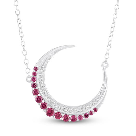 Lab-Created Ruby & White Lab-Created Sapphire Crescent Moon Necklace Sterling Silver 18"