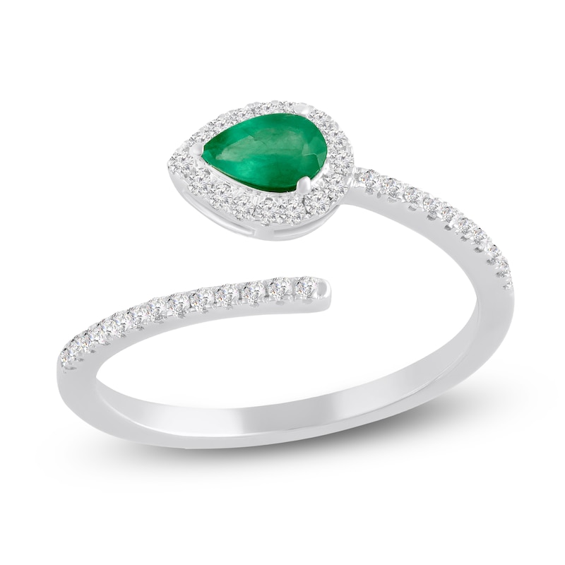 Main Image 1 of Pear-Shaped Natural Emerald & Diamond Halo Deconstructed Ring 1/6 ct tw 10K White Gold