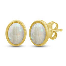 Oval-Cut Natural Opal Solitaire Stud Earrings 10K Yellow Gold