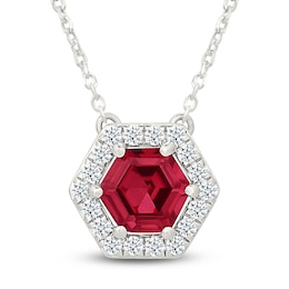 Hexagon-Cut Lab-Created Ruby & White Lab-Created Sapphire Halo Necklace Sterling Silver 18"