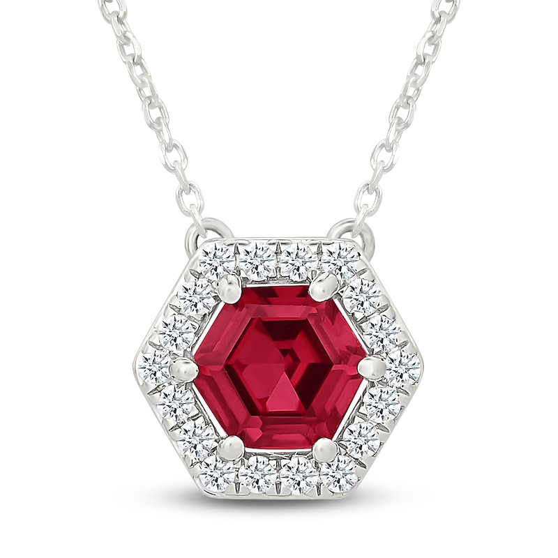 Main Image 1 of Hexagon-Cut Lab-Created Ruby & White Lab-Created Sapphire Halo Necklace Sterling Silver 18"