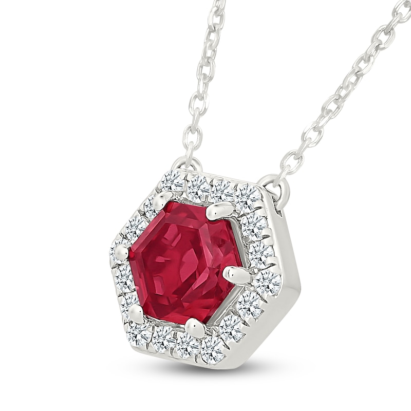 Main Image 2 of Hexagon-Cut Lab-Created Ruby & White Lab-Created Sapphire Halo Necklace Sterling Silver 18"