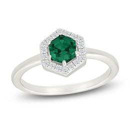 Hexagon-Cut Lab-Created Emerald & White Lab-Created Sapphire Halo Ring Sterling Silver