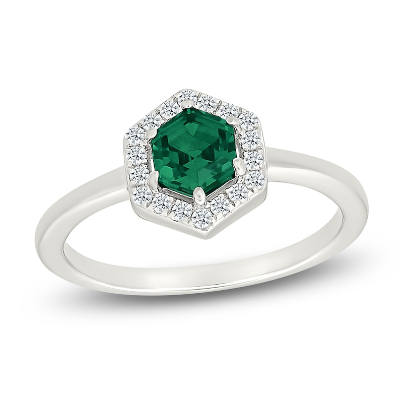 Main Image 1 of Hexagon-Cut Lab-Created Emerald & White Lab-Created Sapphire Halo Ring Sterling Silver