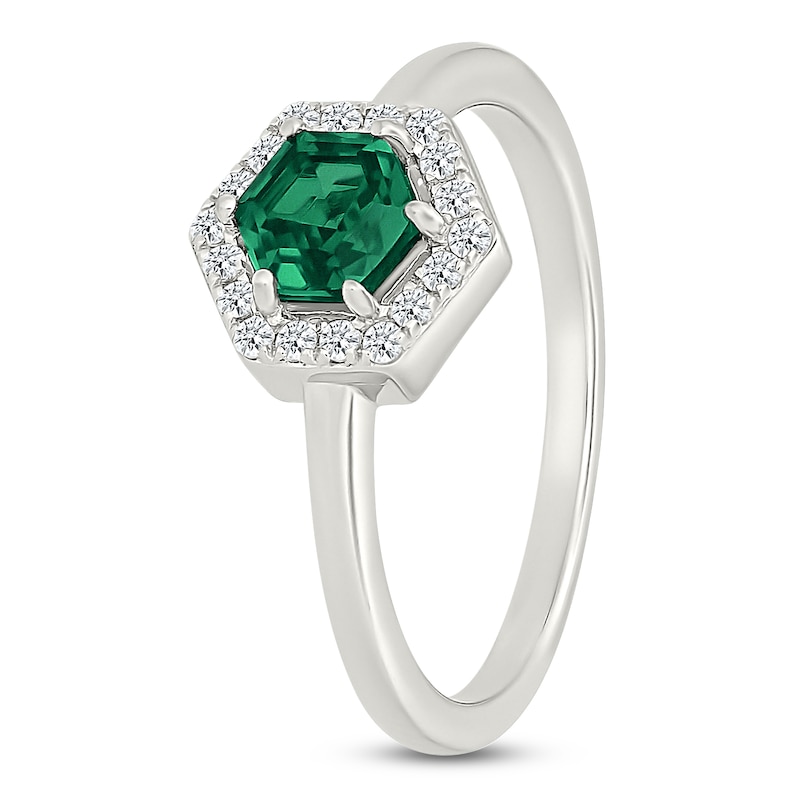 Main Image 2 of Hexagon-Cut Lab-Created Emerald & White Lab-Created Sapphire Halo Ring Sterling Silver