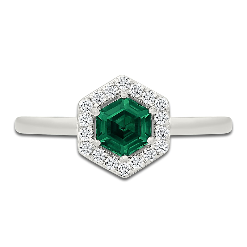 Main Image 3 of Hexagon-Cut Lab-Created Emerald & White Lab-Created Sapphire Halo Ring Sterling Silver