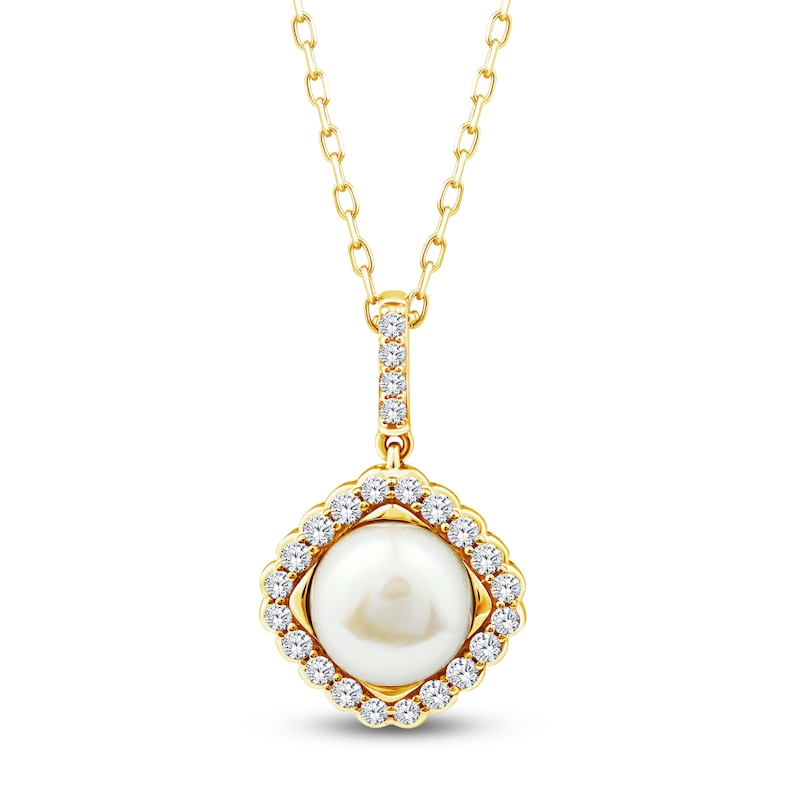 Main Image 1 of Button Cultured Pearl & Lab-Grown Diamond Halo Necklace 1/3 ct tw 14K Yellow Gold 18"