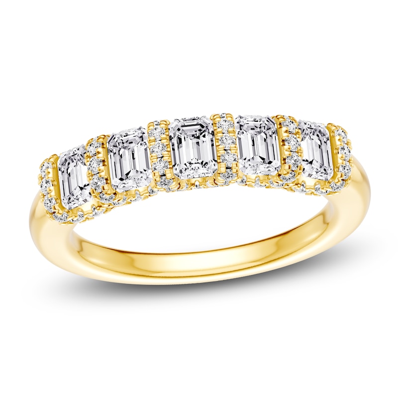 Main Image 1 of Certified Emerald & Round-Cut Diamond Scalloped-Edge Anniversary Ring 1 ct tw 14K Yellow Gold