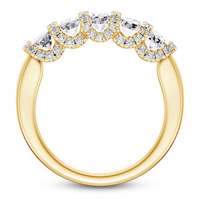 Main Image 2 of Certified Emerald & Round-Cut Diamond Scalloped-Edge Anniversary Ring 1 ct tw 14K Yellow Gold