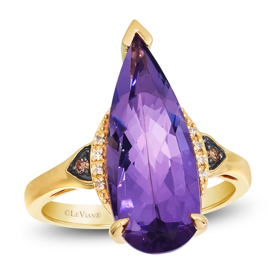 Le Vian Silhouette Elongated Pear-Shaped Natural Amethyst Ring 1/20 ct tw Diamonds 14K Honey Gold