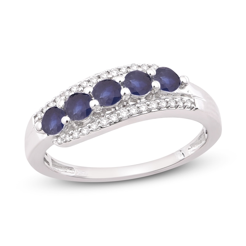 Main Image 1 of Natural Blue Sapphire Anniversary Ring 1/8 ct tw Diamonds 14K White Gold