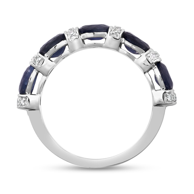 Natural Blue Sapphire Anniversary Ring 1/10 ct tw Diamonds 14K White Gold