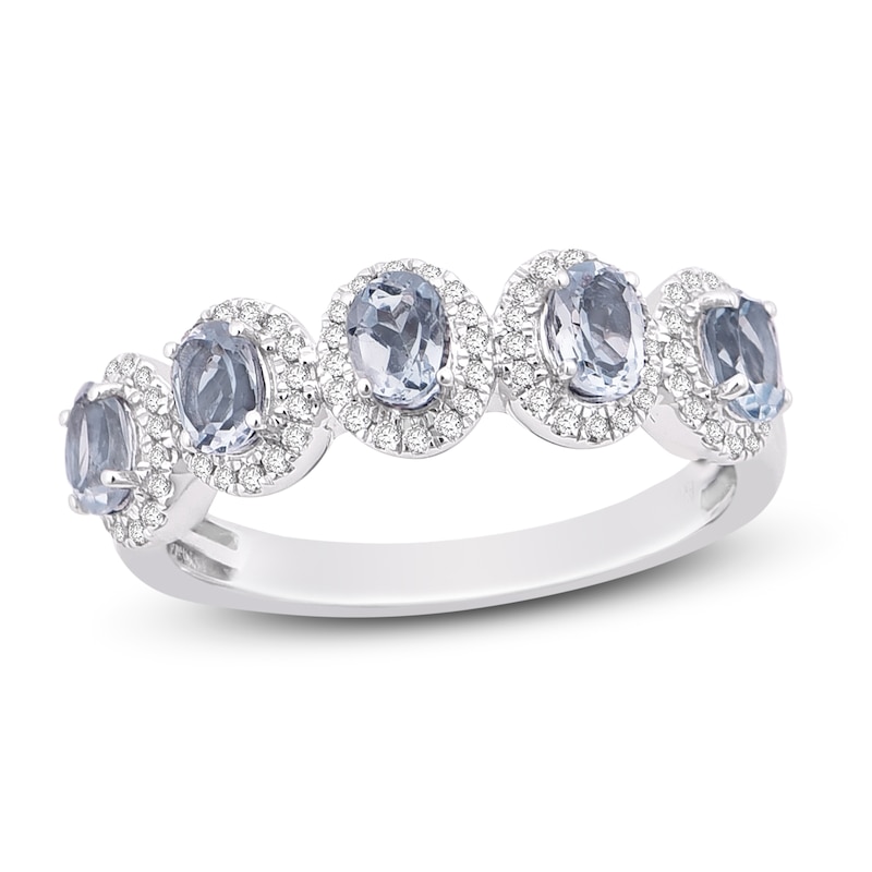 Natural Aquamarine Anniversary Ring 1/4 ct tw Diamonds 14K White Gold