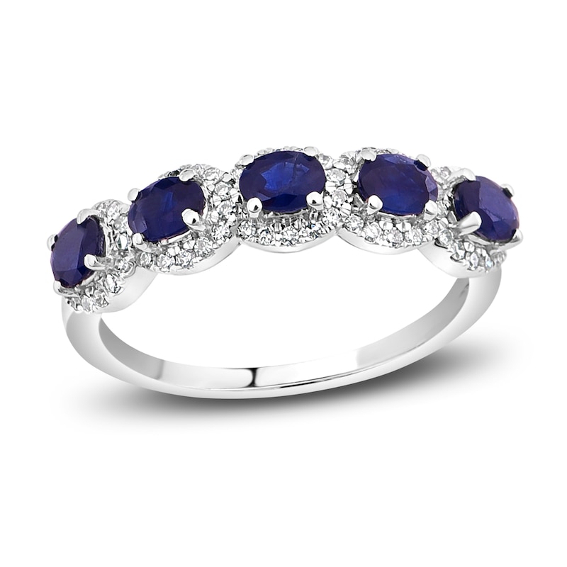 Main Image 1 of Natural Blue Sapphire Anniversary Ring 1/5 ct tw Diamonds 14K White Gold