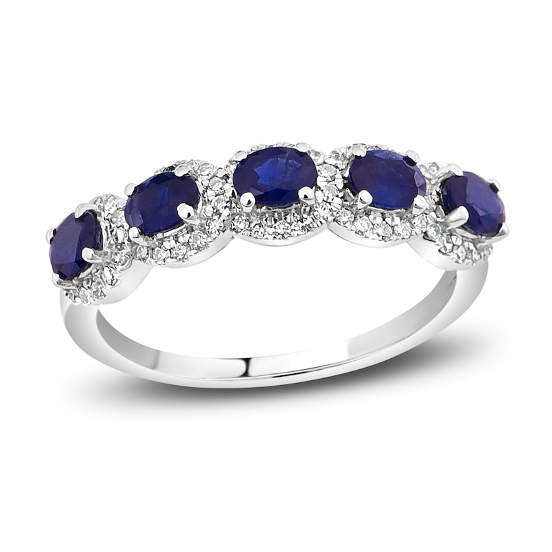 Natural Blue Sapphire Anniversary Ring 1/5 ct tw Diamonds 14K White Gold