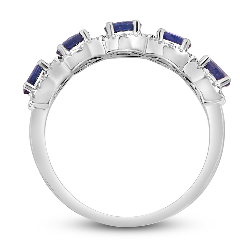 Natural Blue Sapphire Anniversary Ring 1/5 ct tw Diamonds 14K White Gold