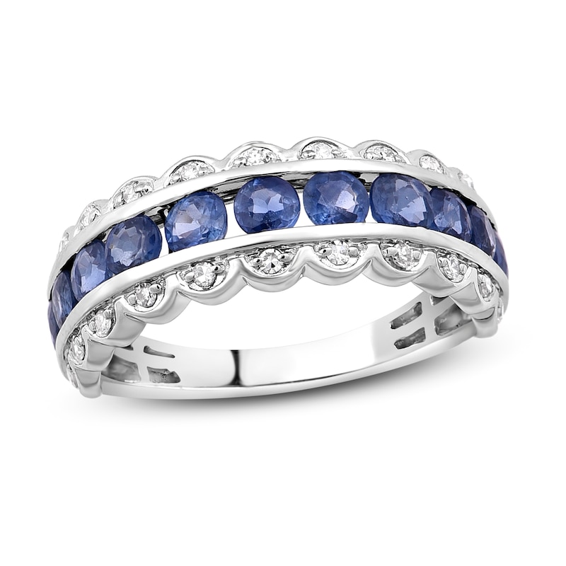 Main Image 1 of Natural Blue Sapphire Anniversary Ring 1/8 ct tw Diamonds 14K White Gold