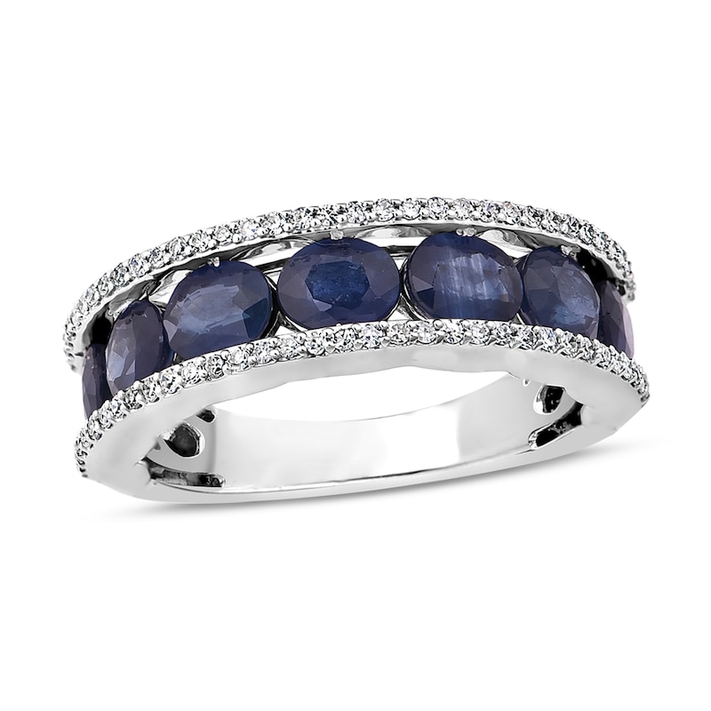 Main Image 1 of Natural Blue Sapphire Anniversary Ring 1/4 ct tw Diamonds 14K White Gold