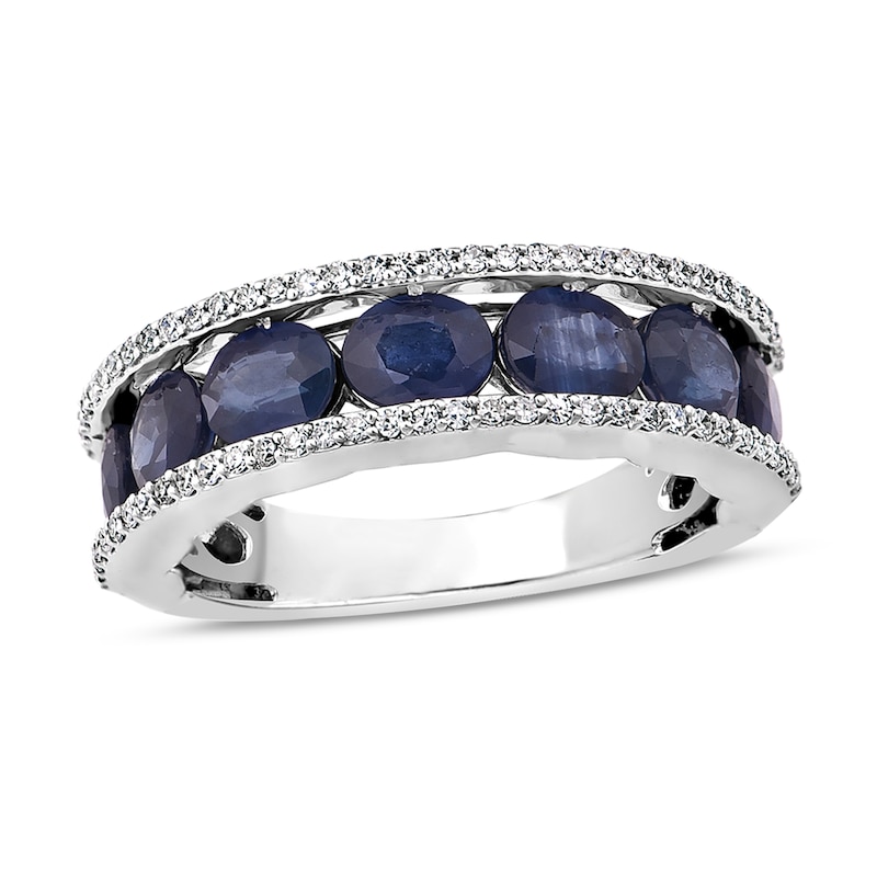 Natural Blue Sapphire Anniversary Ring 1/4 ct tw Diamonds 14K White Gold