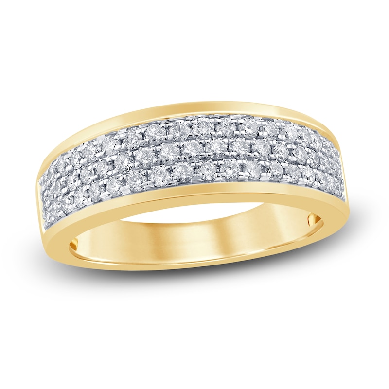 MENS DIAMONDS WEDDING BAND 8mm 10k Yellow GOLD Anniversary Ring Round 3 Rows