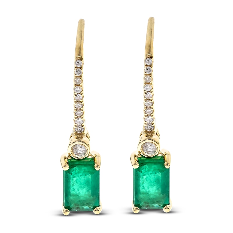 Natural Emerald Dangle Earrings 1/ ct tw Diamonds 14K Yellow Gold