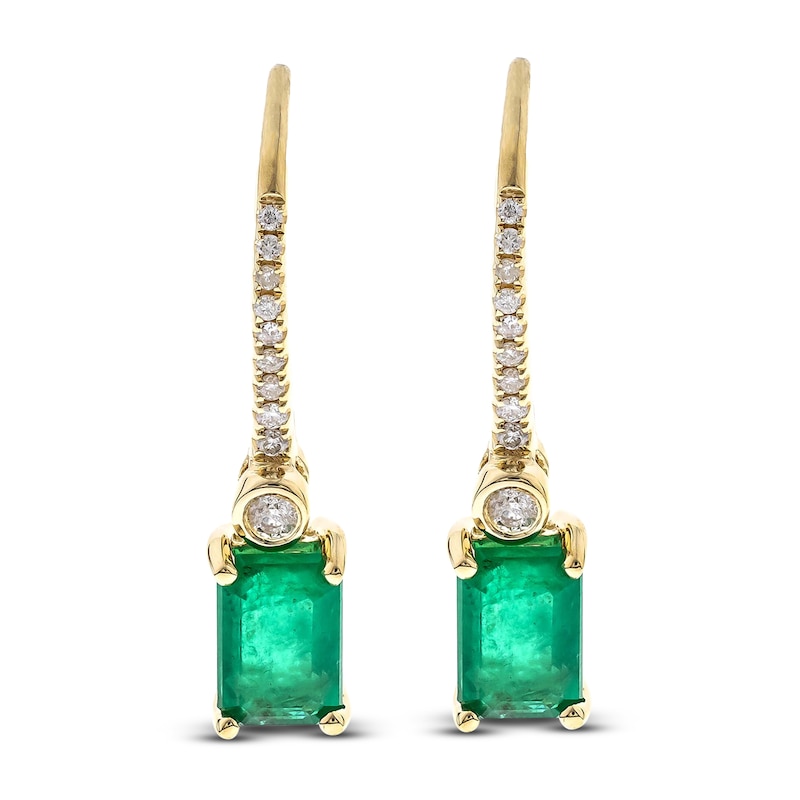 Main Image 1 of Natural Emerald Dangle Earrings 1/10 ct tw Diamonds 14K Yellow Gold