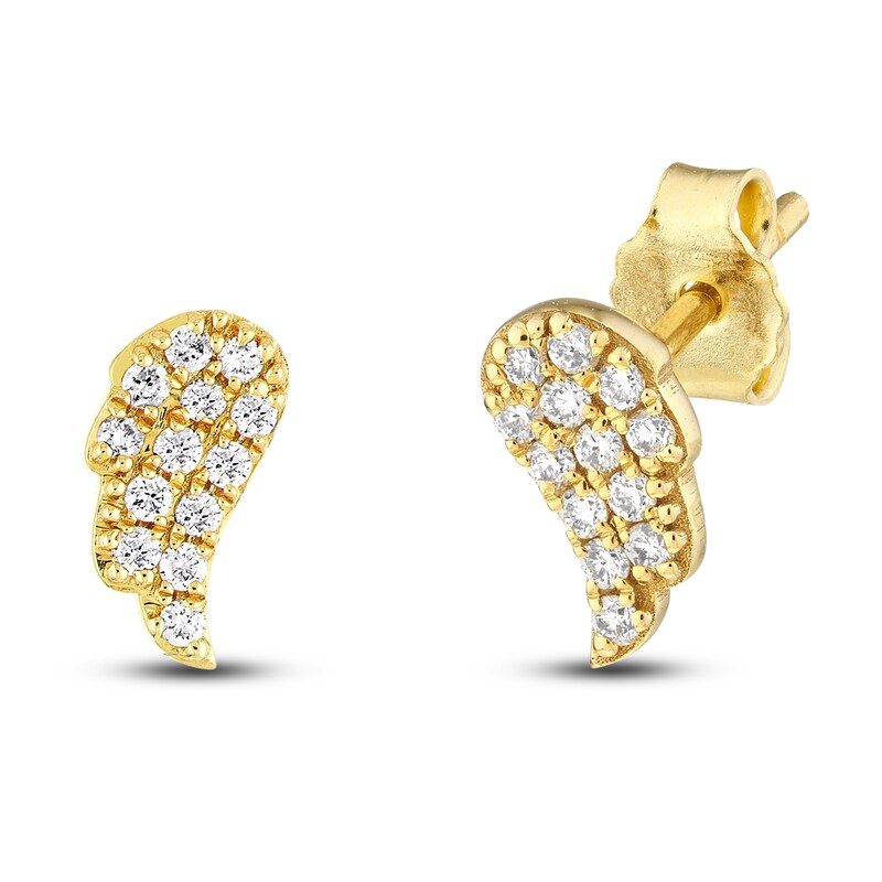 Pave Diamond Angel Wing Stud Earrings in 14K Yellow Gold