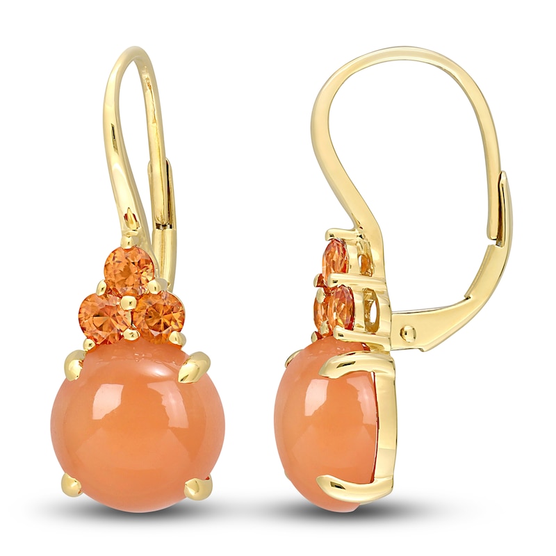 Natural Orange Moonstone & Natural Sapphire Earrings 14K Yellow Gold