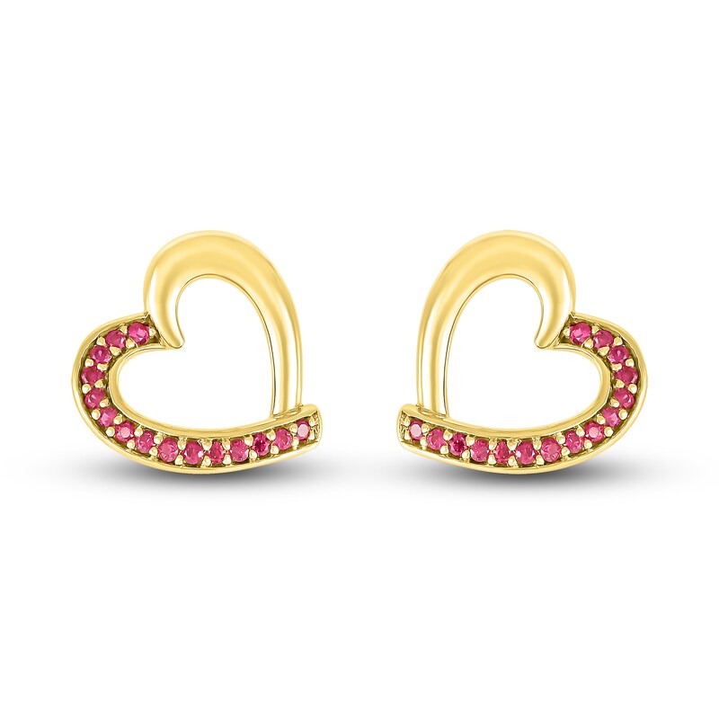 Main Image 1 of Lab-Created Ruby Heart Stud Earrings 10K Yellow Gold