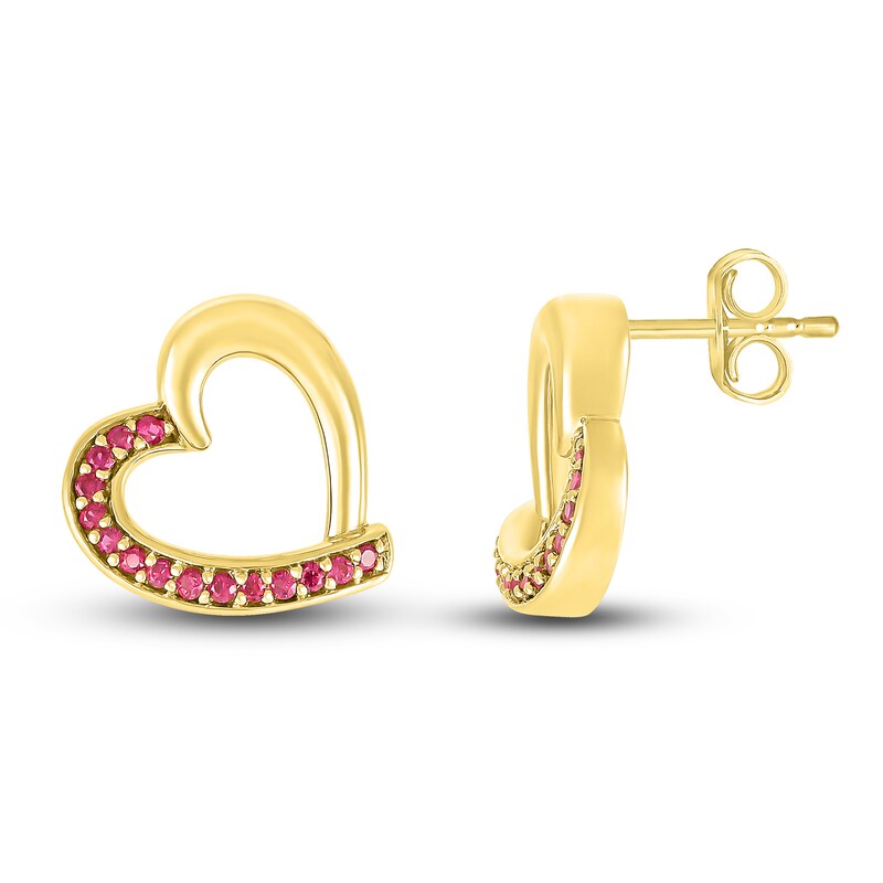 Main Image 2 of Lab-Created Ruby Heart Stud Earrings 10K Yellow Gold