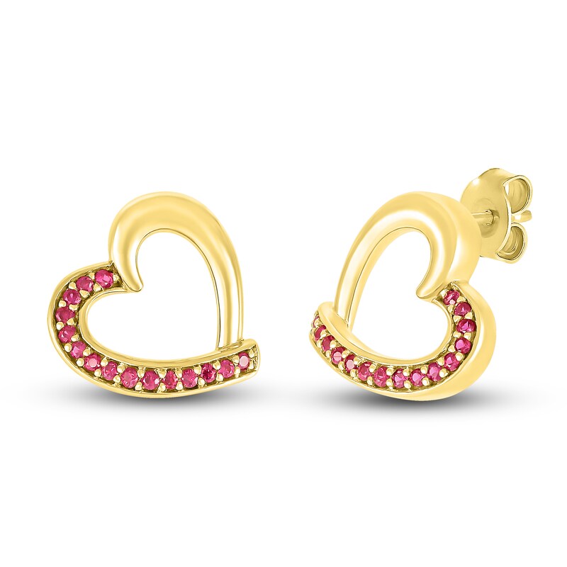 Main Image 3 of Lab-Created Ruby Heart Stud Earrings 10K Yellow Gold