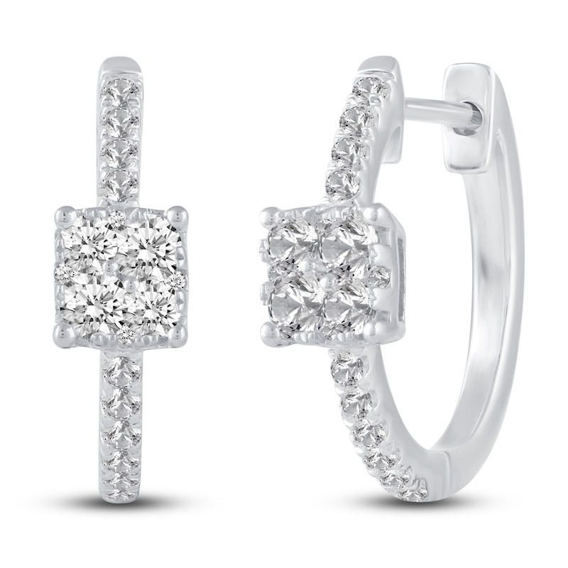 Main Image 2 of Diamond Cushion-Shaped Hoop Earrings 1/2 ct tw Round 14K White Gold