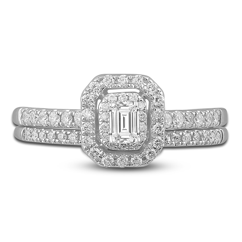 Main Image 3 of Diamond Double Halo Bridal Set 1/2 ct tw Emerald/Round 14K White Gold