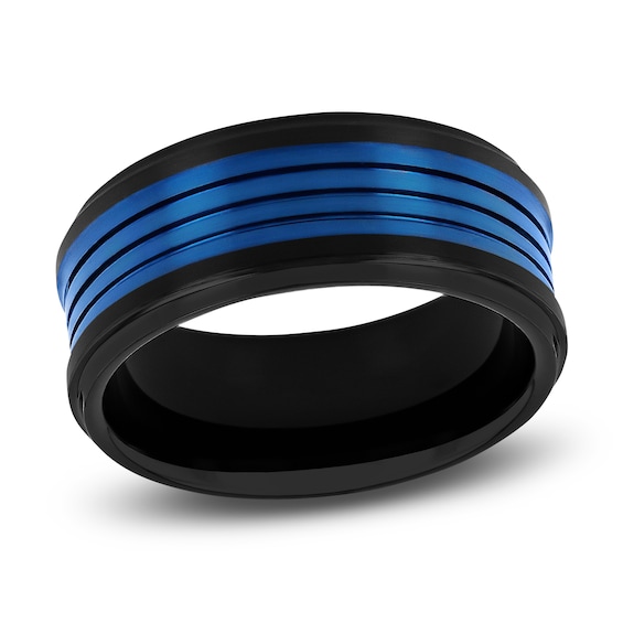 Men's Wedding Band Black & Blue Ion-Plated Tungsten Carbide 9.0mm