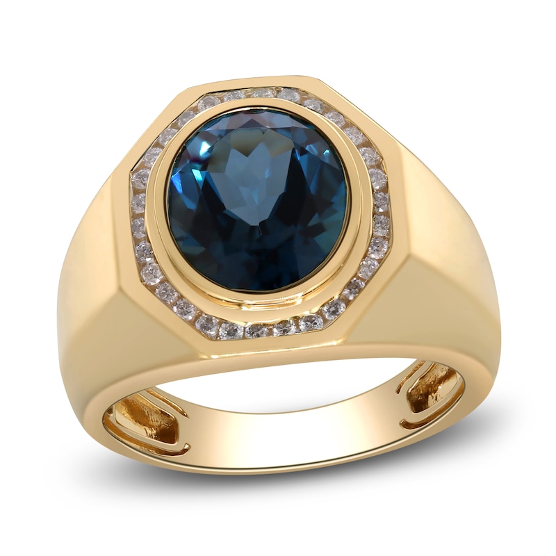 Main Image 1 of Men's Oval-Cut Natural London Blue Topaz & Diamond Ring 1/3 ct tw Round 14K Yellow Gold