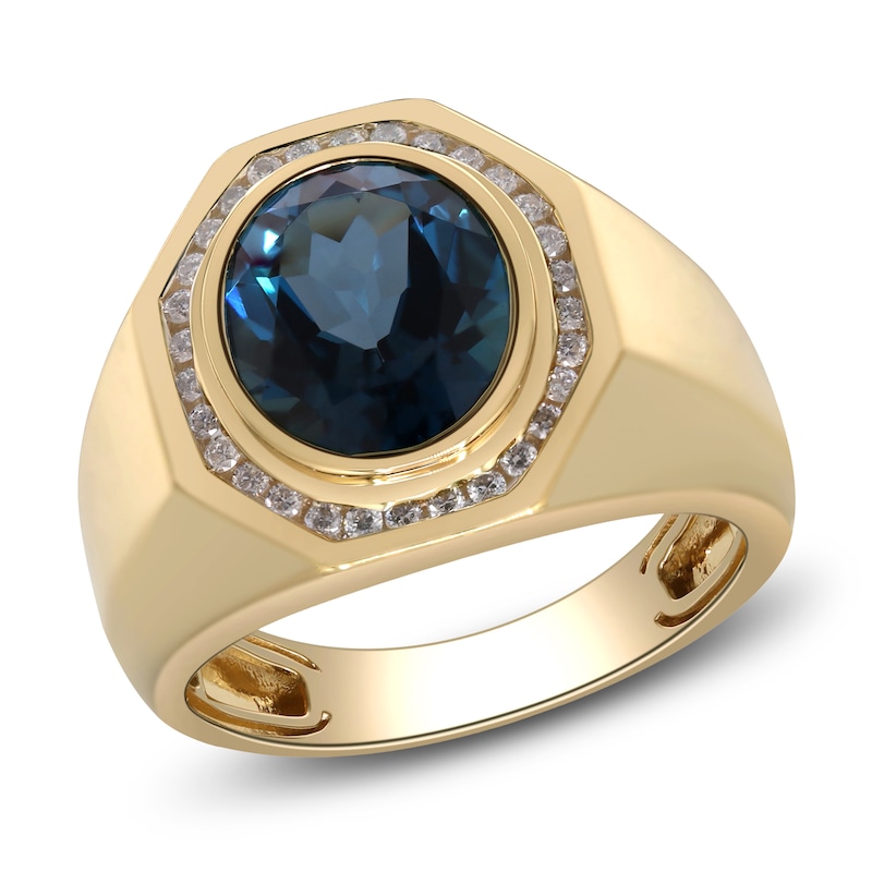 Main Image 2 of Men's Oval-Cut Natural London Blue Topaz & Diamond Ring 1/3 ct tw Round 14K Yellow Gold