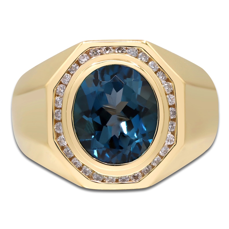 Main Image 3 of Men's Oval-Cut Natural London Blue Topaz & Diamond Ring 1/3 ct tw Round 14K Yellow Gold