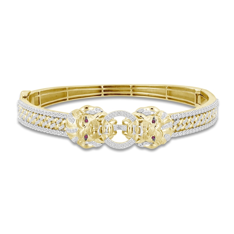 Main Image 1 of Men's Diamond & Lab Created Ruby Lion Bangle Bracelet 1 ct tw Round 10K Yellow Gold