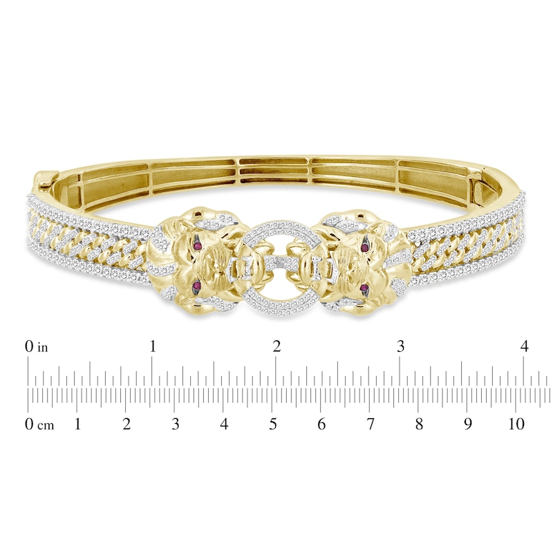 Main Image 2 of Men's Diamond & Lab Created Ruby Lion Bangle Bracelet 1 ct tw Round 10K Yellow Gold
