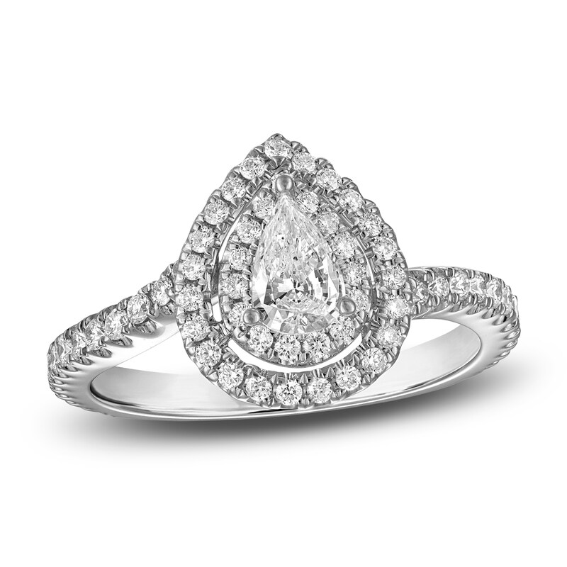 Main Image 1 of Pear & Round-Cut Diamond Double Halo Engagement Ring 7/8 ct tw 14K White Gold