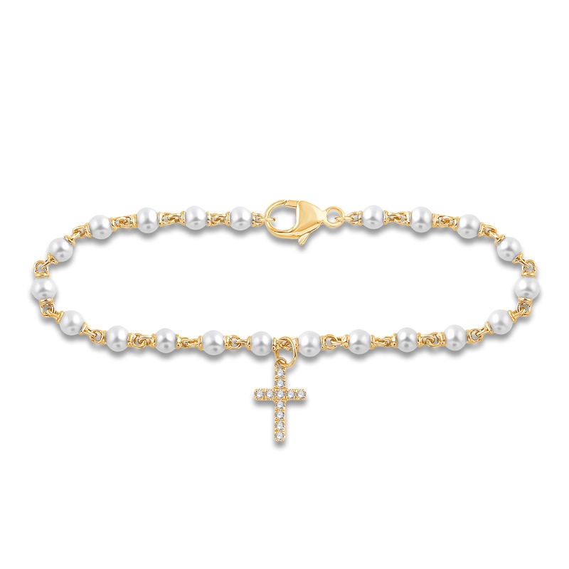 Main Image 1 of Children's Diamond & Freshwater Cultured Pearl Bracelet 1/20 ct tw Round 18K Yellow Gold 4"