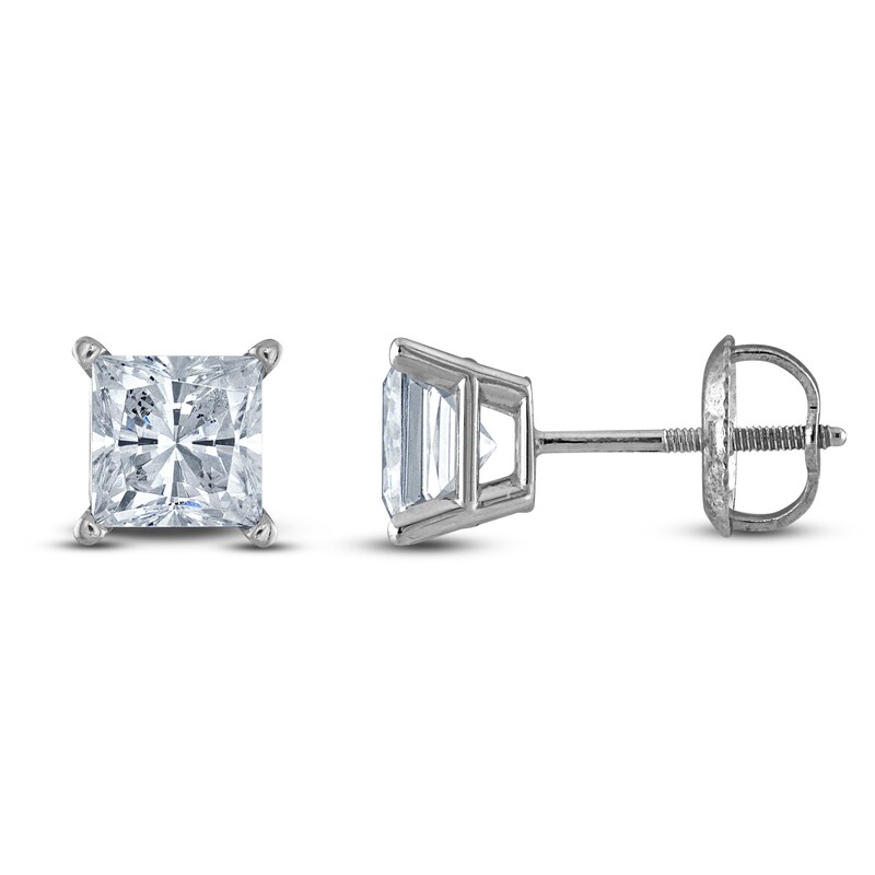 Main Image 1 of Certified Princess-Cut Diamond Solitaire Stud Earrings 1-1/5 ct tw 14K White Gold (I/I1)