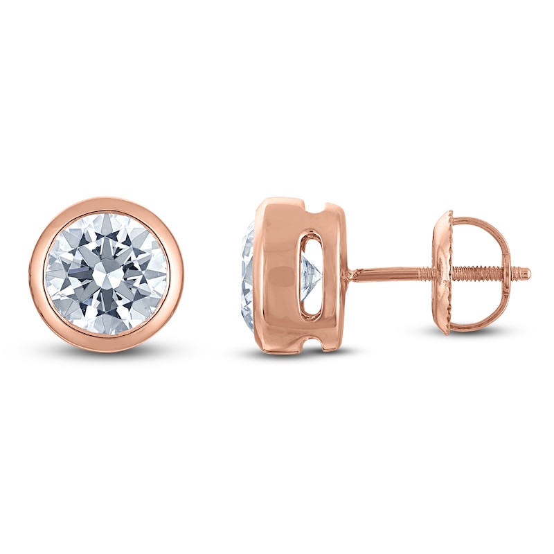 Main Image 1 of Certified Round-Cut Diamond Bezel-Set Solitaire Stud Earrings 2 ct tw 14K Rose Gold (I1/I)