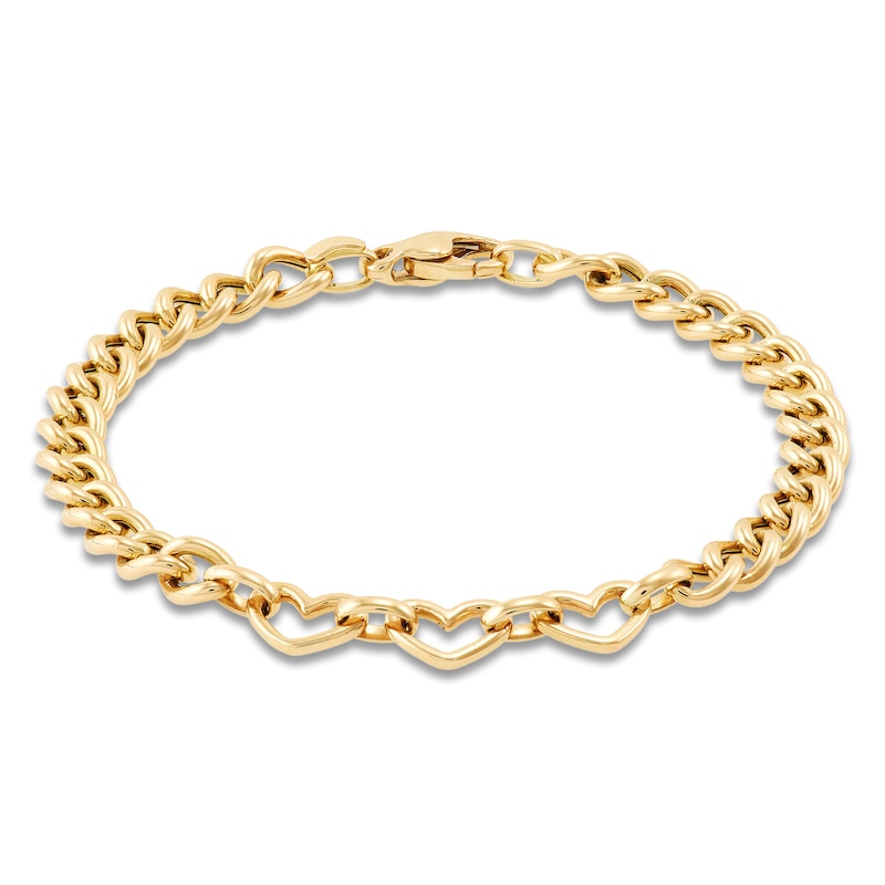 Main Image 1 of Italia D'Oro Heart Station Curb Chain Bracelet 14K Yellow Gold 7.5"